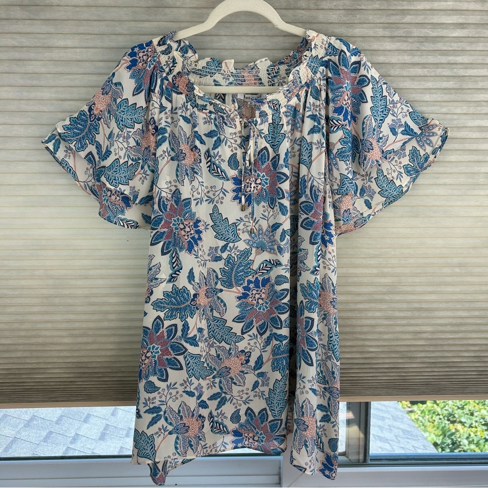 Rose & Olive Blue and Pink Floral Blouse with Flutter Sleeves Fairycore Boho